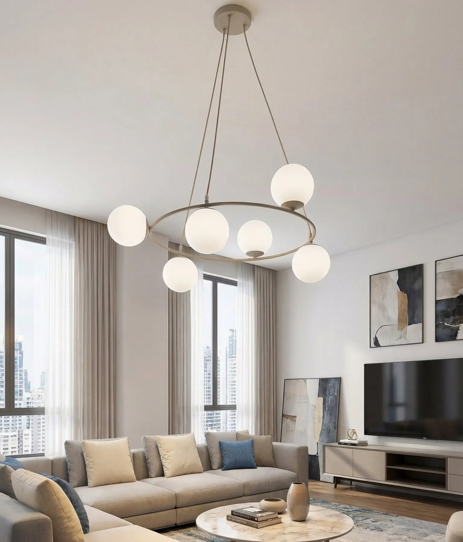 lampa wiszaca, bieżąca geometria, kuliste kule, salon nowoczesny, meble sofowe