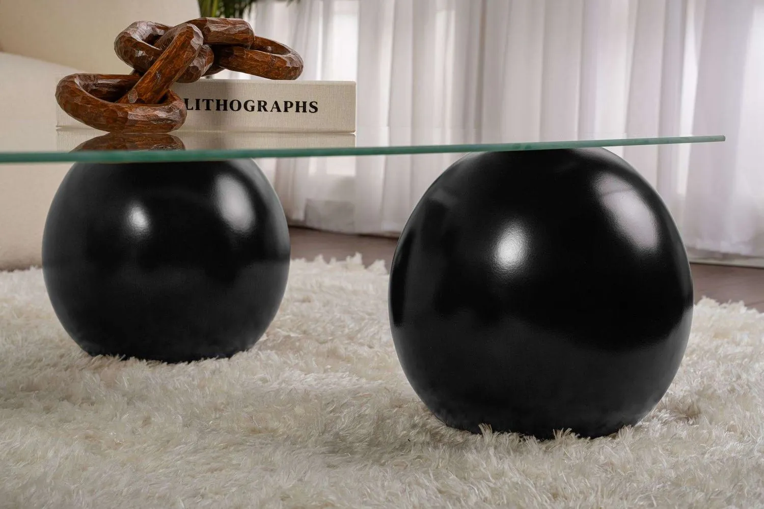 Stolik kawowy SERA 75x110 cm nogi czarne kule blat szklany transparentny — zdjęcie 6
