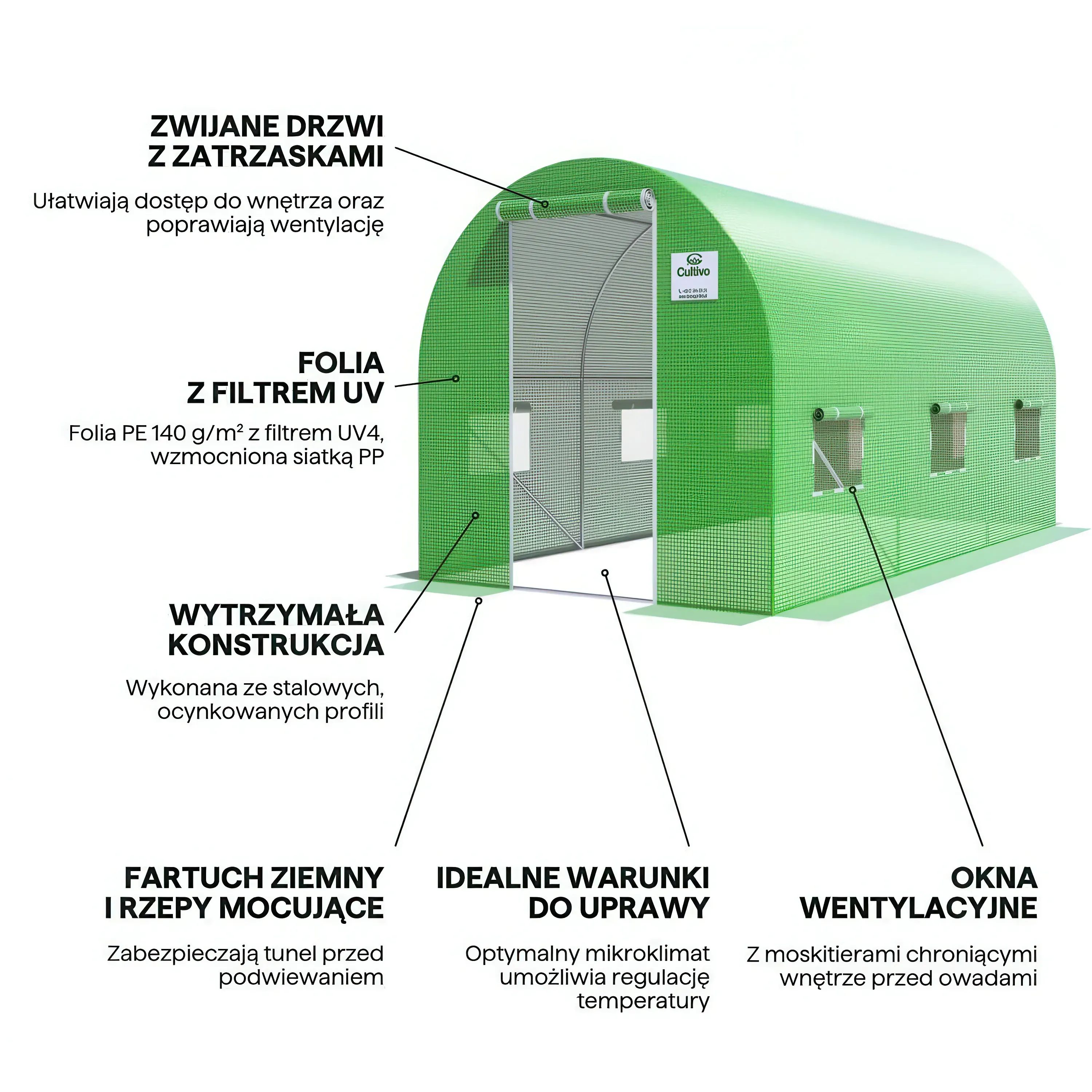 Tunel foliowy CULTIVO 2x4x2m (8m2) 3 sekcje zielony — zdjęcie 12
