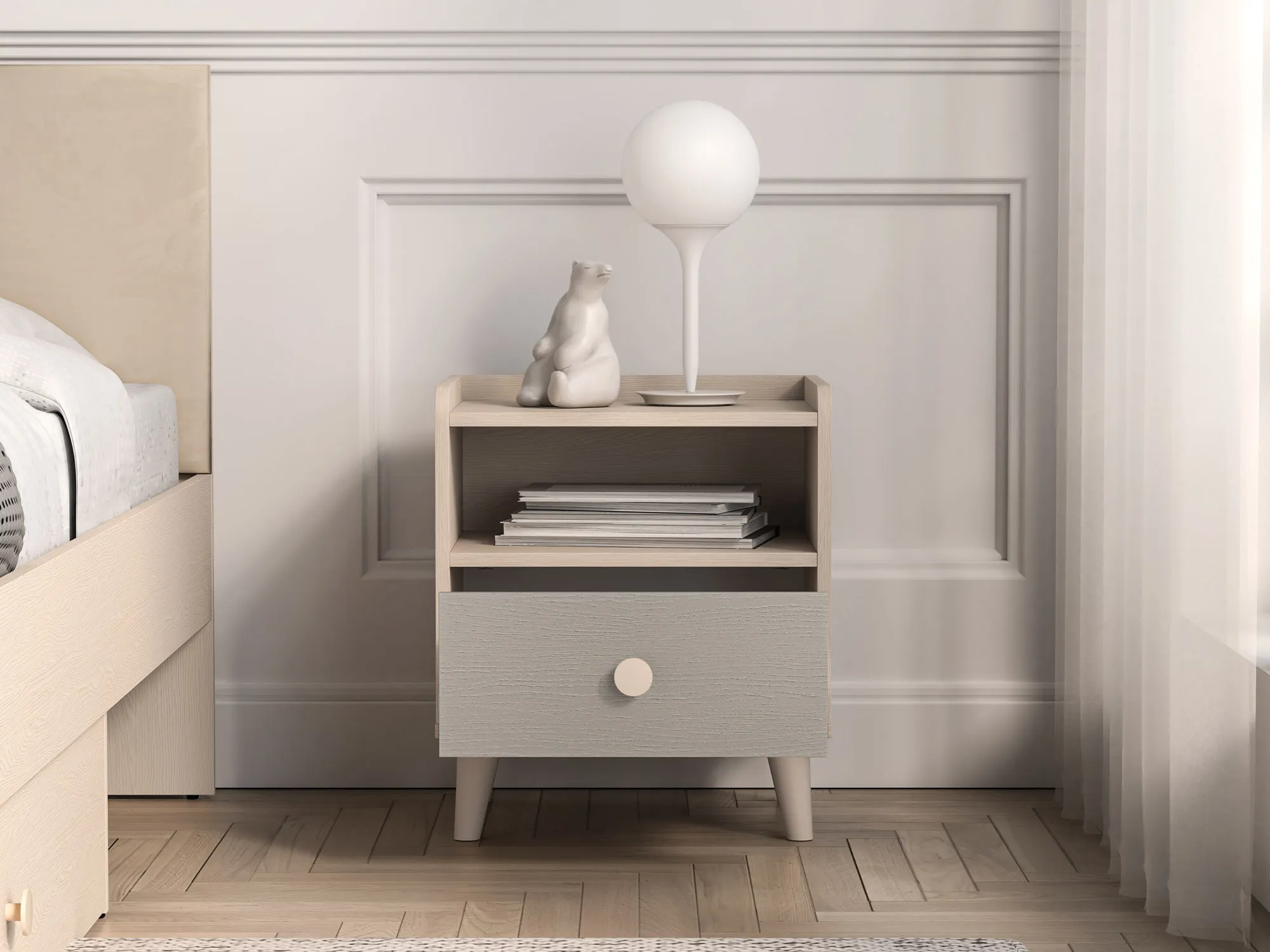 Szafka nocna z szufladą MEVEL 10 Piasek pustyni, szary pallad - 1MEVE10-002