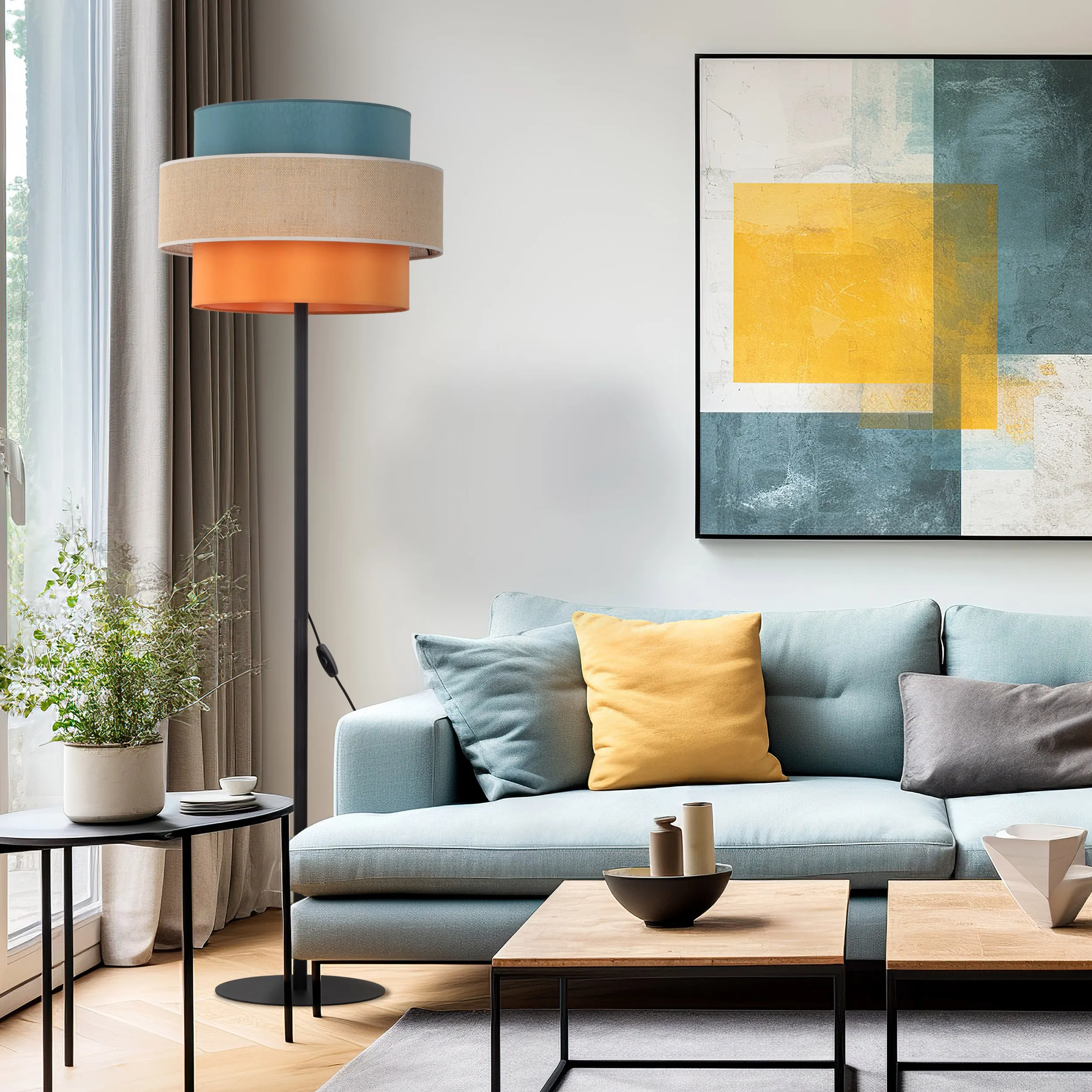 Lampa podłogowa TRIO JUTA czarna z wielokolorowym niebieskim brązowym juta pomarańczowym kloszem 159x50cm - TK_6452