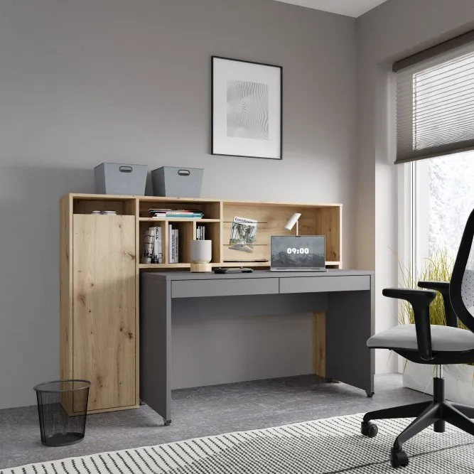 Biurko TRYNIDAD z regałem - dab artisan, szary - EGRB331L-C818
