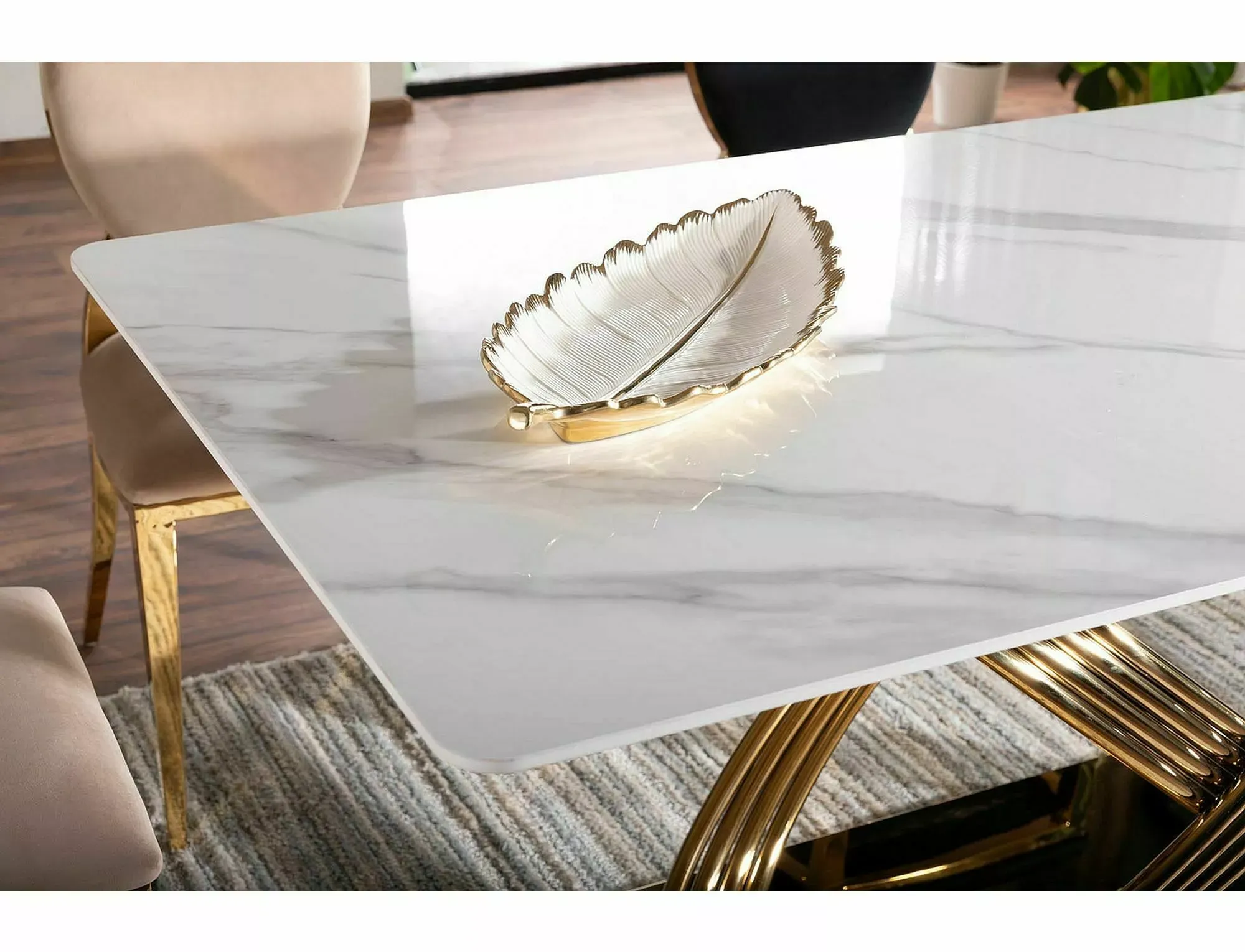 Stół nierozkładany HERMES 90x160 efekt marmuru biały połysk stelaż złoty - HERMESBZL160