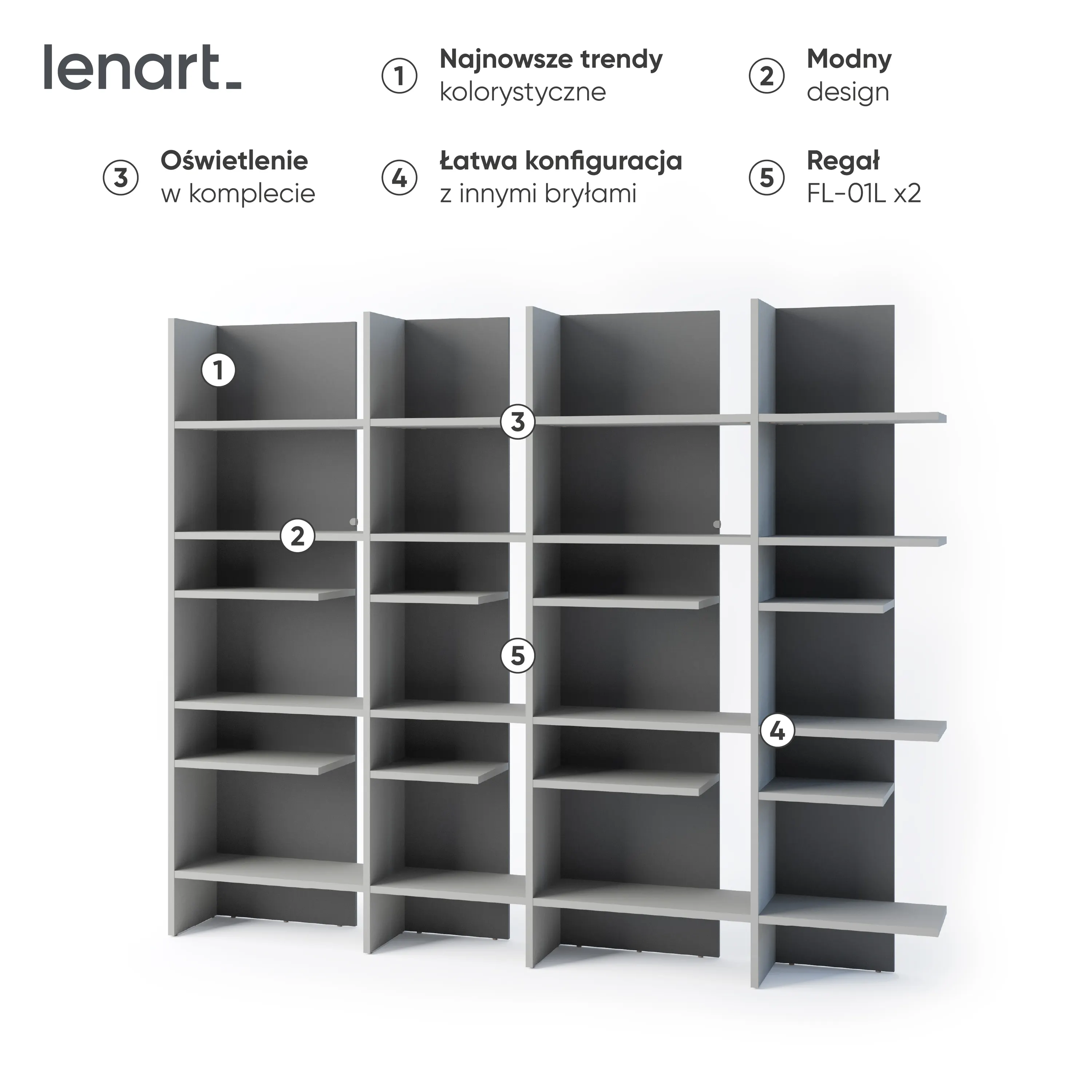 FITT FL-01L - regał lewy z oświetleniem - metalic ciemny/metalic jasny - FL1LMCJ