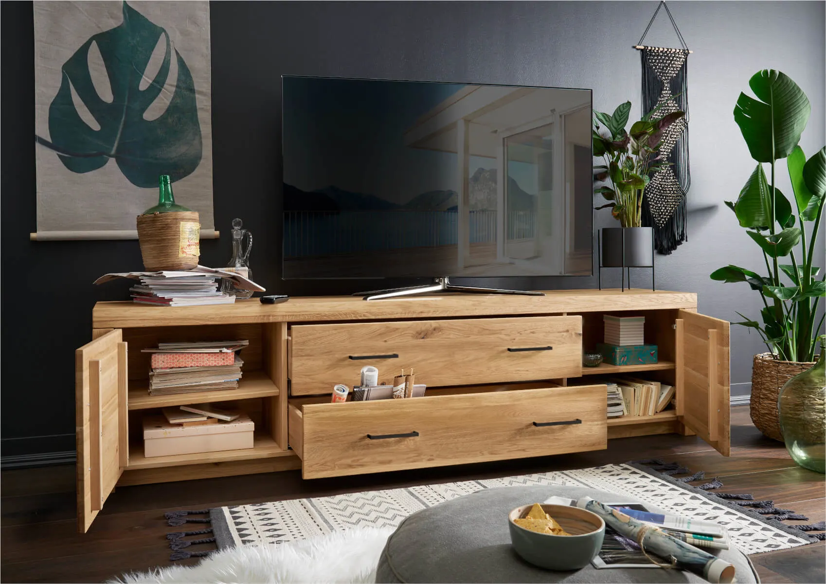 Szafka rtv 2-drzwiowa z 2 szufladami dębowa DOVE 223x56 - GK_1031691201