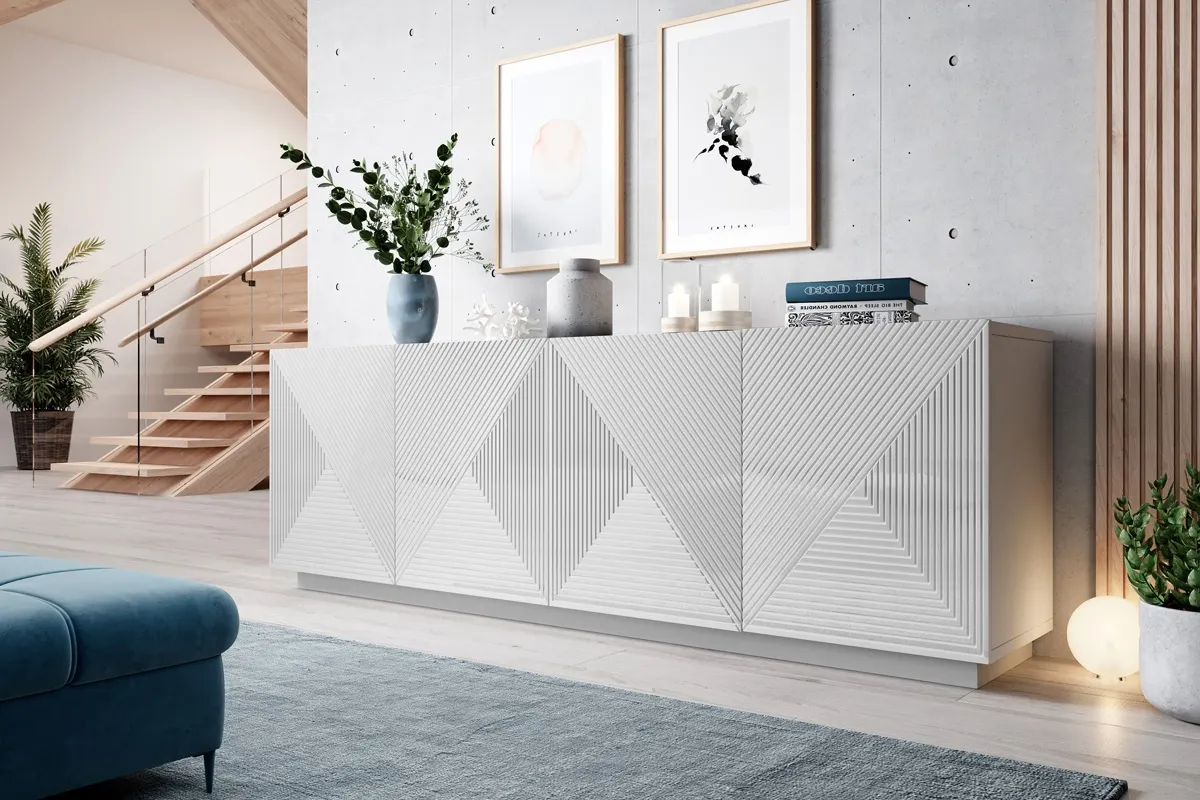 Komoda ASHA 200 4D - biały mat - ryflowany front - cokół - B_52728