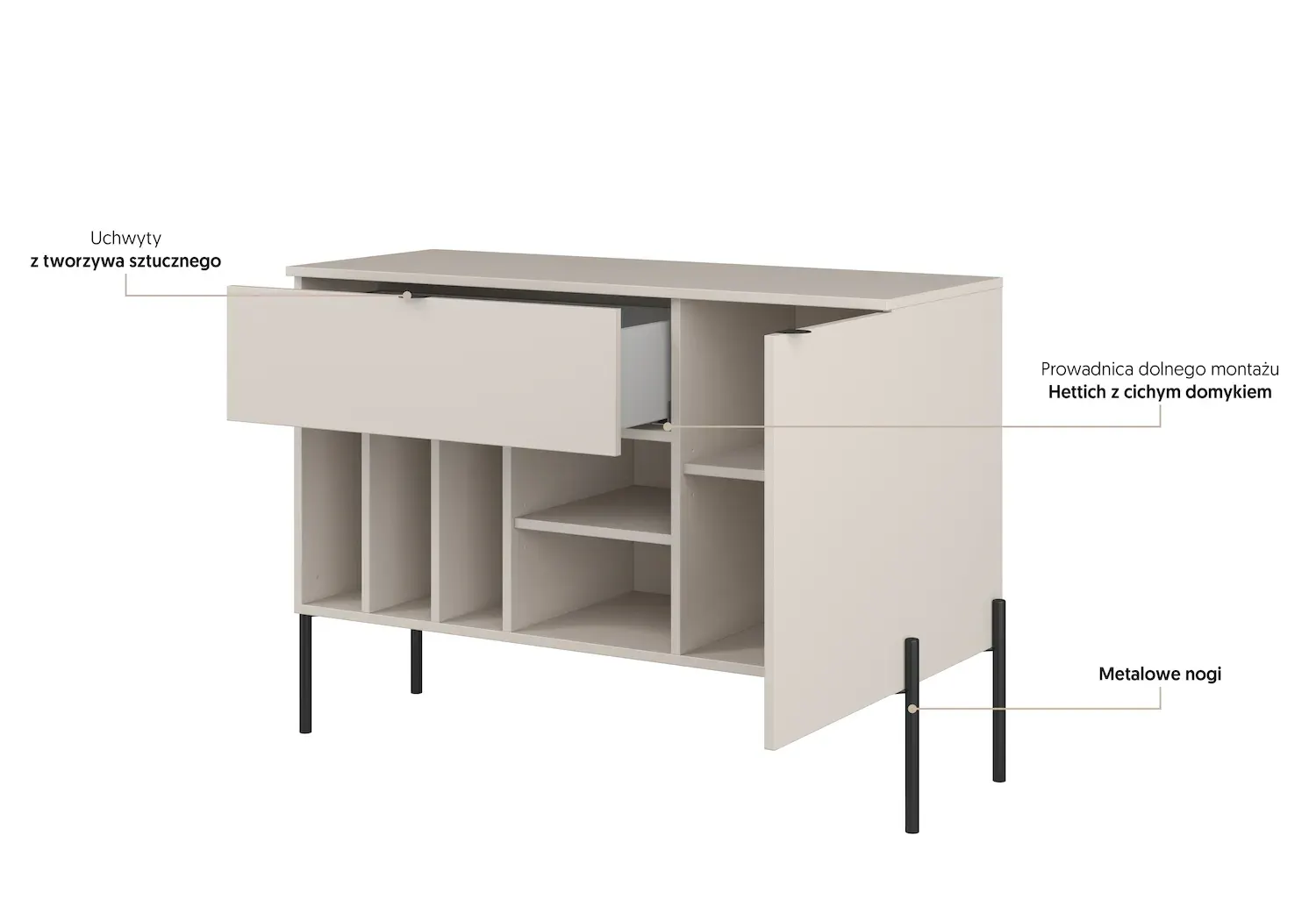 Komoda z szafką i szufladą ORE 105 cm dąb lindberg kaszmir czarne nóżki - 24LKOG45
