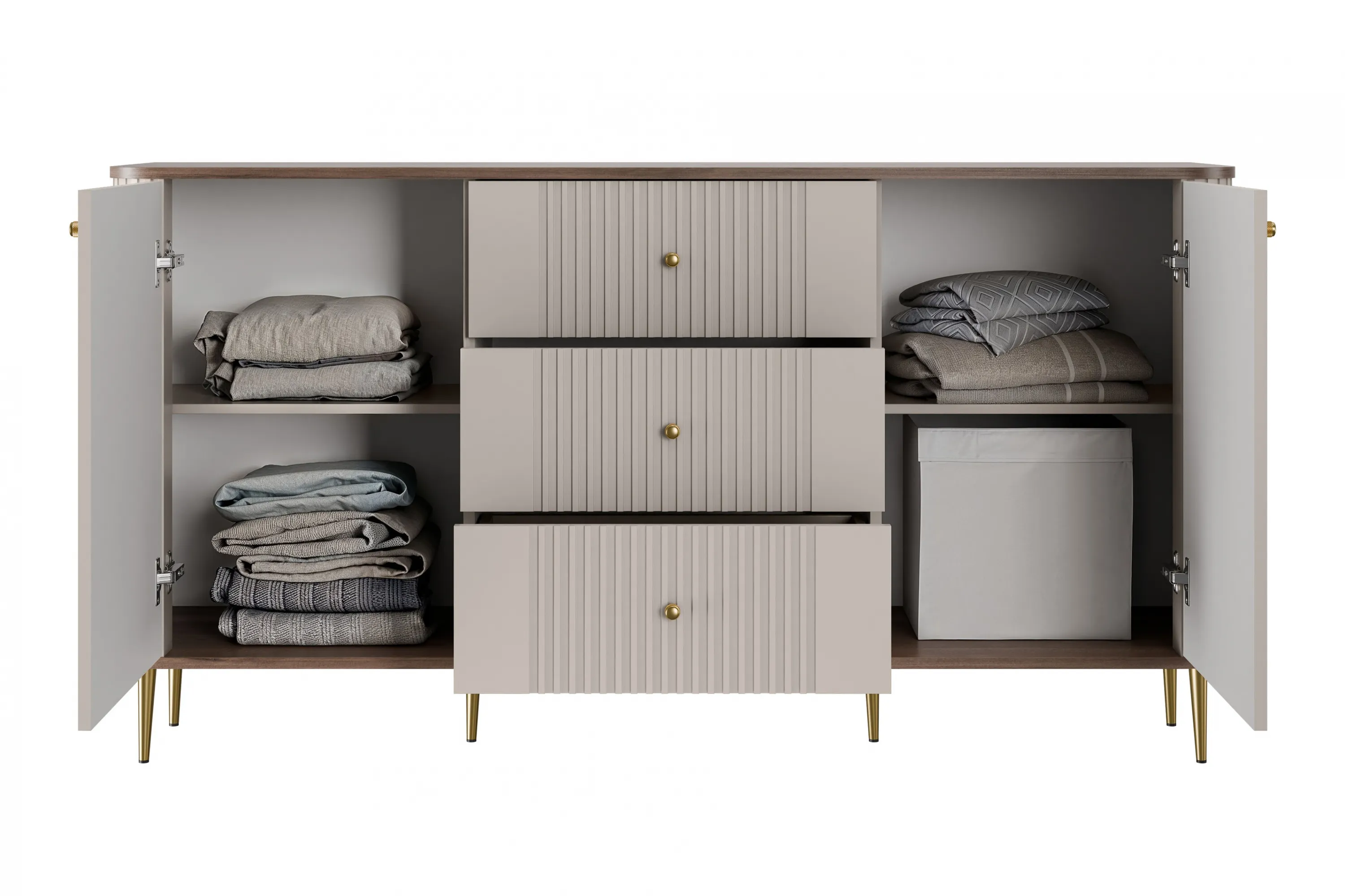 Komoda 2-drzwiowa z 3 szufladami VESPER 160 ryflowany front cashmere orzech złote nogi - B_163603