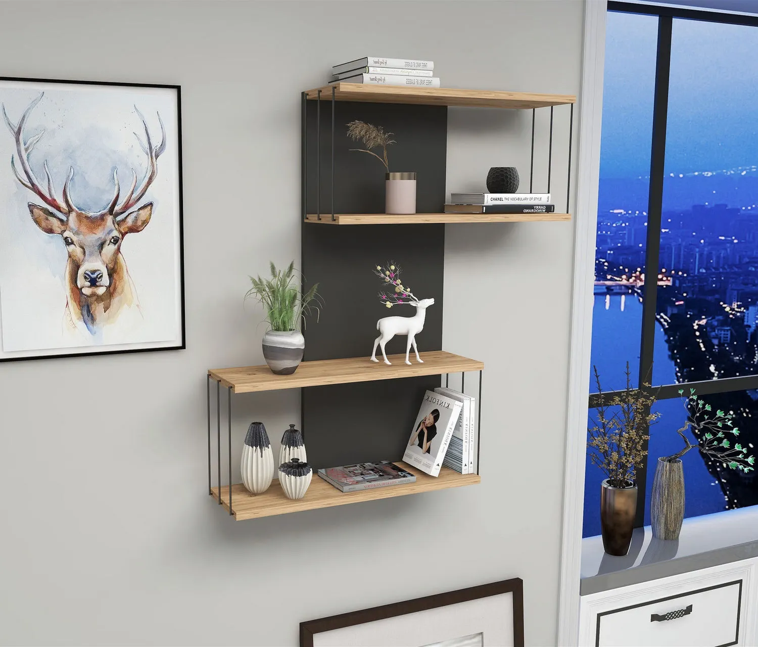 Półka ścienna z panelem DESTAN antracytowy, dąb naturalny - ASI_854KLN1742