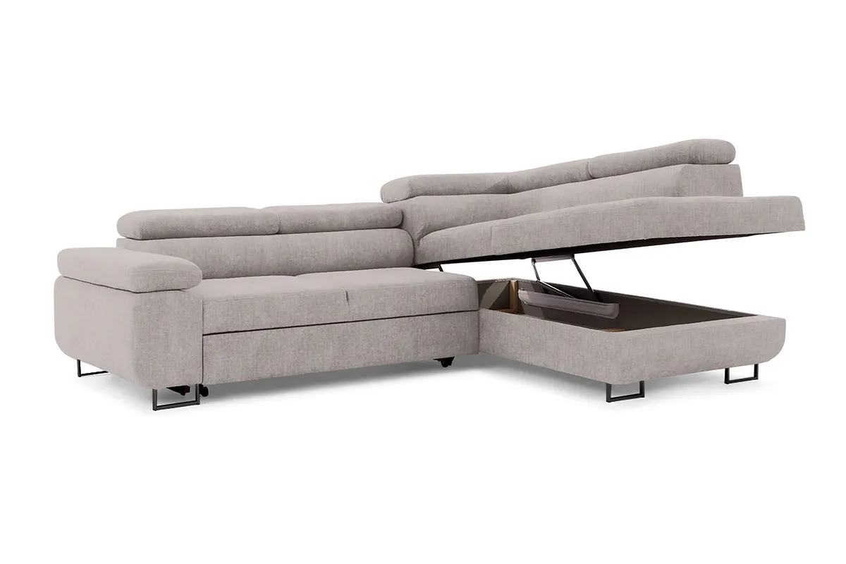 Narożnik prawostronny ANNABELLE L regulowane zagłówki nogi czarne tkanina prawy Maya 01 beżowy - B_165790