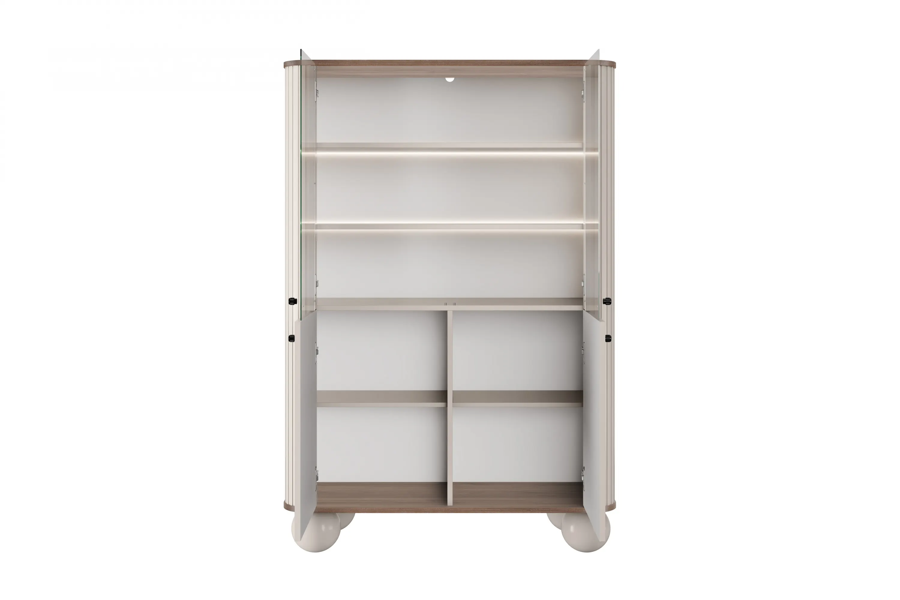 Witryna 4-drzwiowa z oświetleniem VESPER 103 ryflowany front cashmere orzech czarne uchwyty nogi kule - B_167226