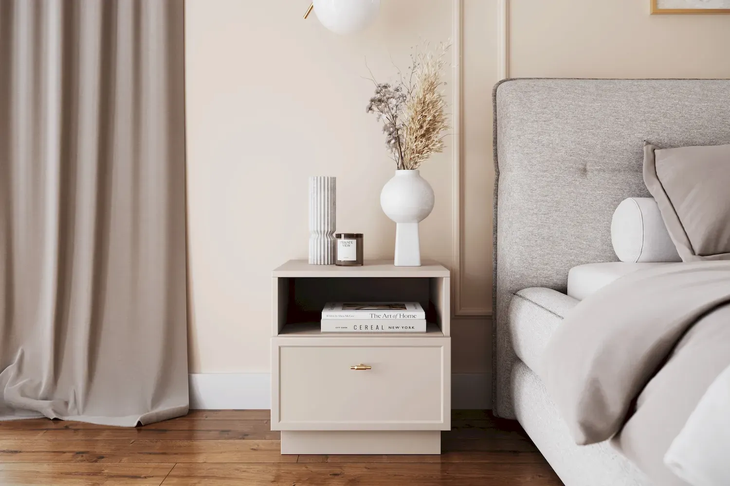 Szafka nocna z szufladą i półką LORINI 45 - cashmere uchwyt T-bar złoty cokół - B_166681