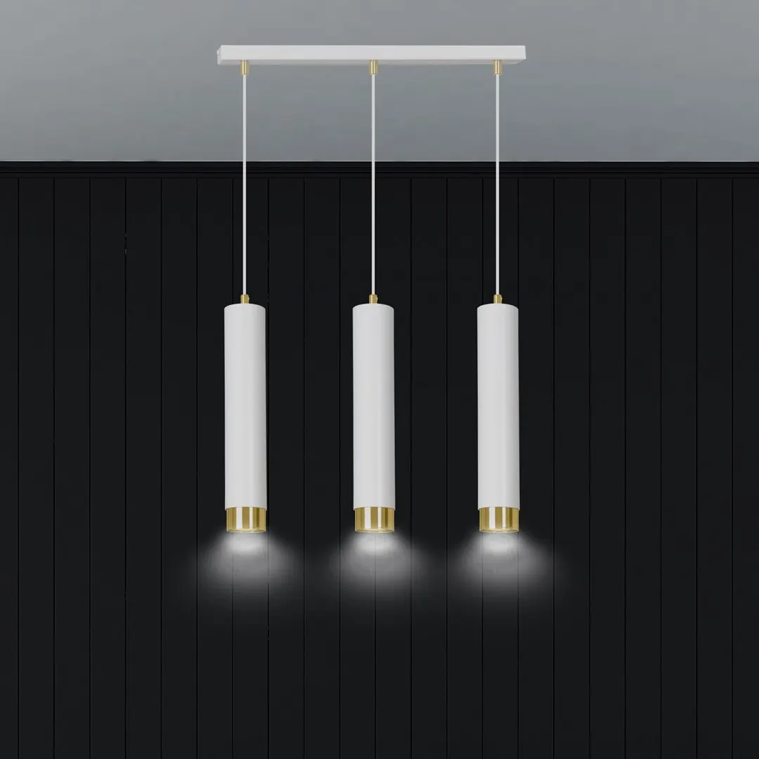 image lampy wiszące, zestaw 3-punktowy, biały kolor, złote zakończenia, podwieszane