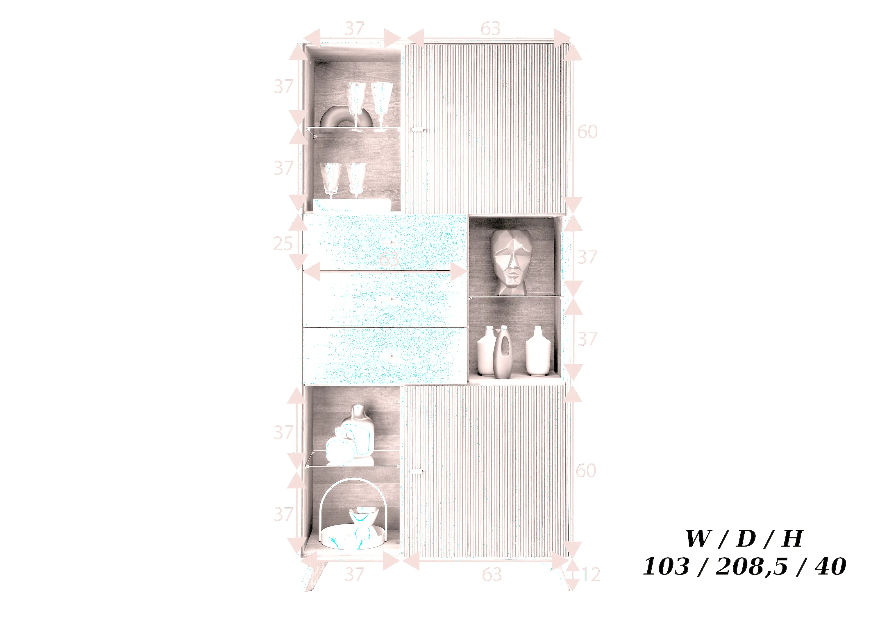 Witryna drewniana ryflowana BLISS 103x209 z 3 szufladami i 2 szafkami - GK_103624020102