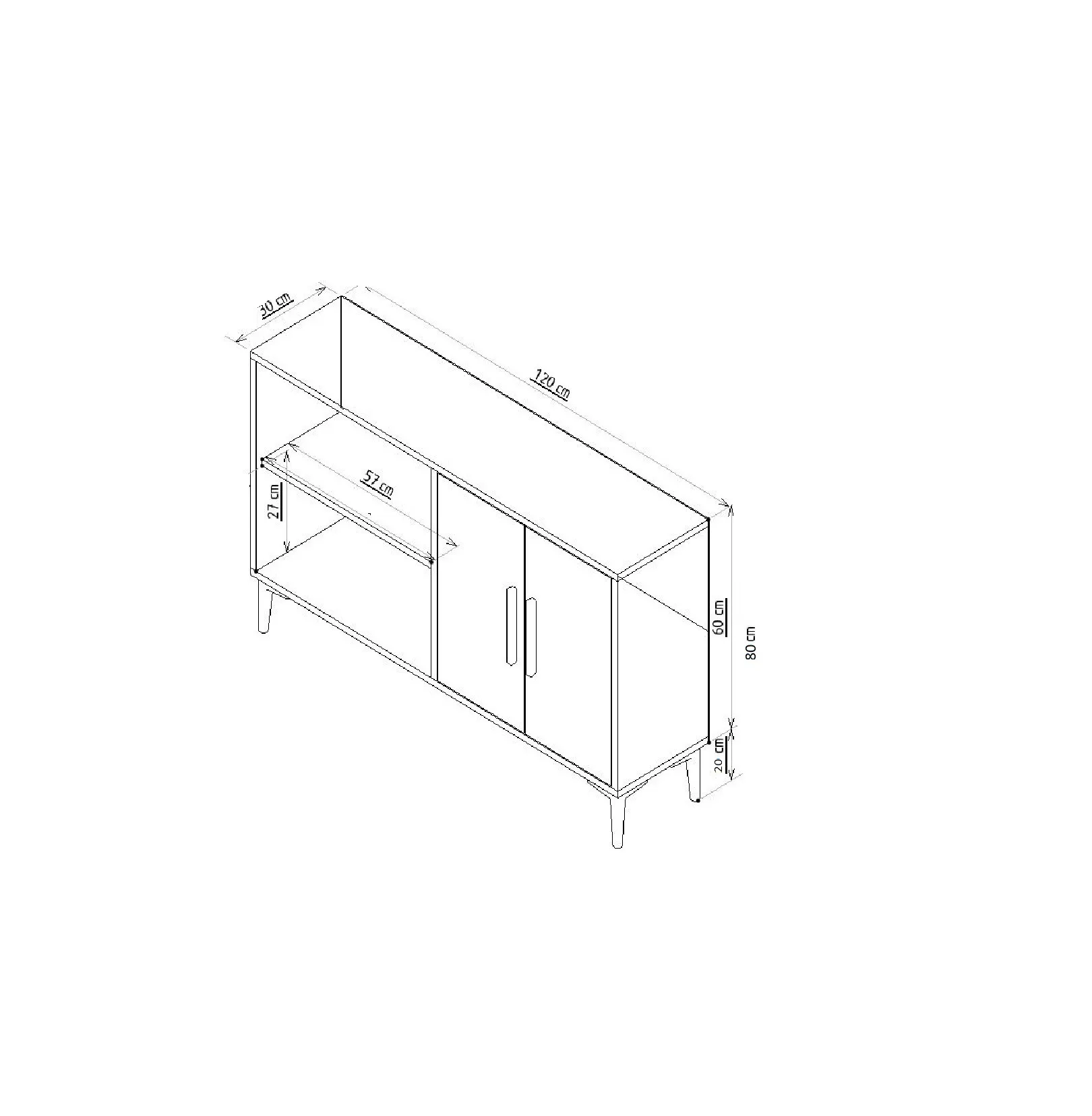 Komoda 2-drzwiowa z geometrycznym zdobieniem AHART 120 cm dąb naturalny czarno-złote nóżki — zdjęcie 5