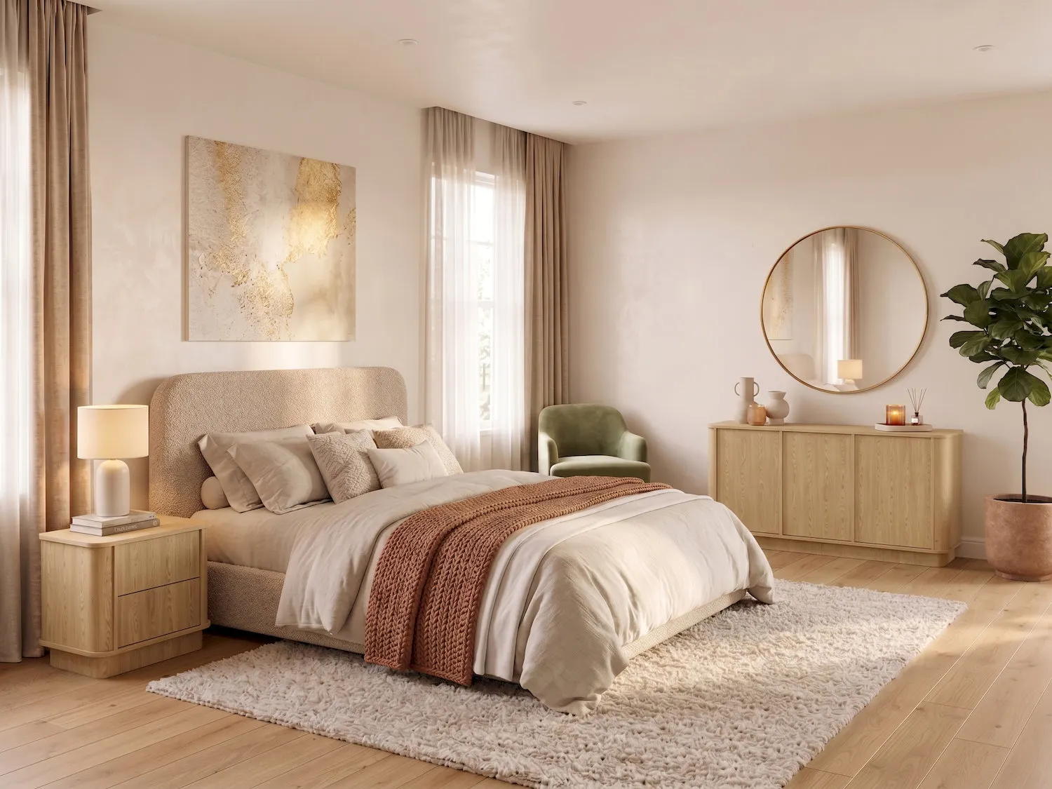łóżko, pościel, biały dywan, poduszki, wiejski design