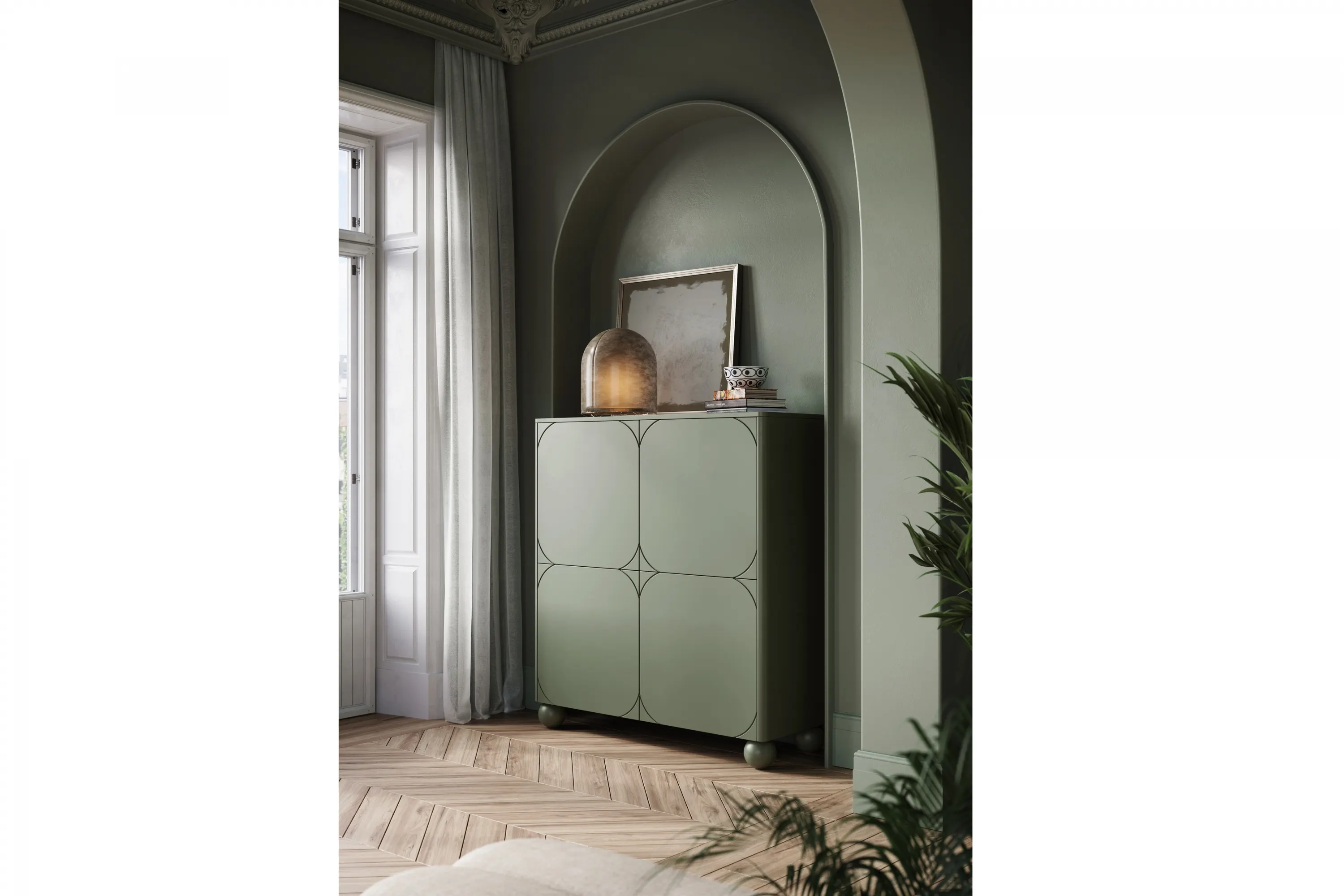 Komoda wysoka 2-drzwiowa z 2 szufladami SONATIA 120cm oliwka nogi kule - B_157118