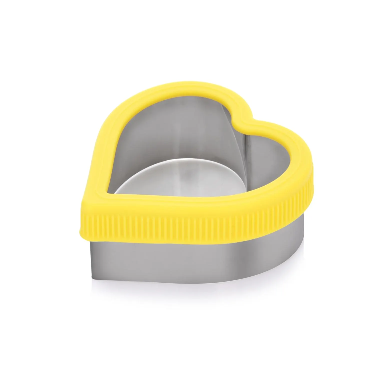  forem, heart shaped, cookie cutter, yellow rim, stainless steel
