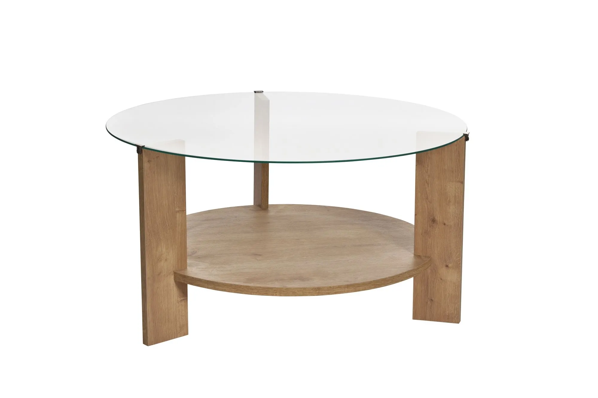 Stolik kawowy okrągły z półką CLARA 75 cm dąb sapphire blat transparentny