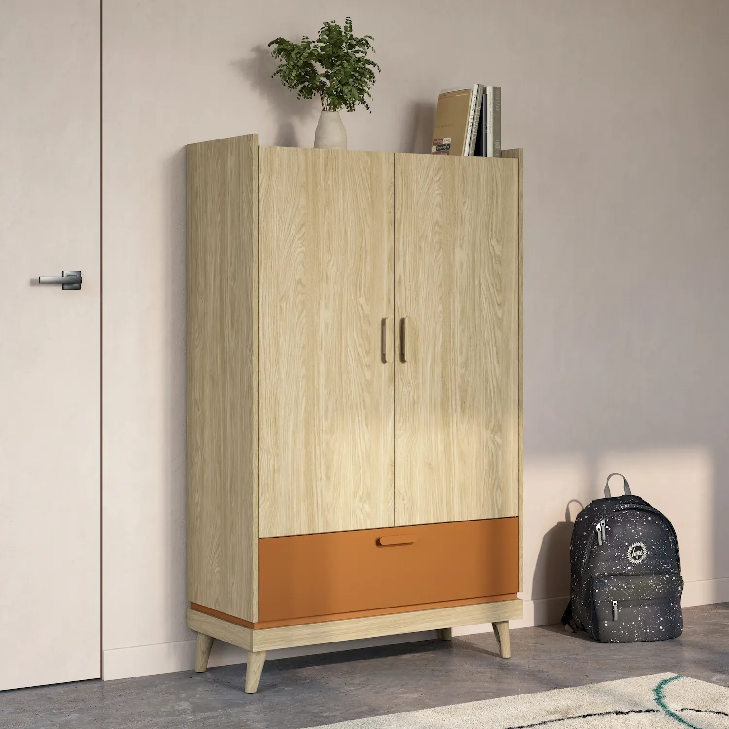 Bieliźniarka 2-drzwiowa z szufladą SCANDI 38 dąb olejowany ceglany - 24D5OH38