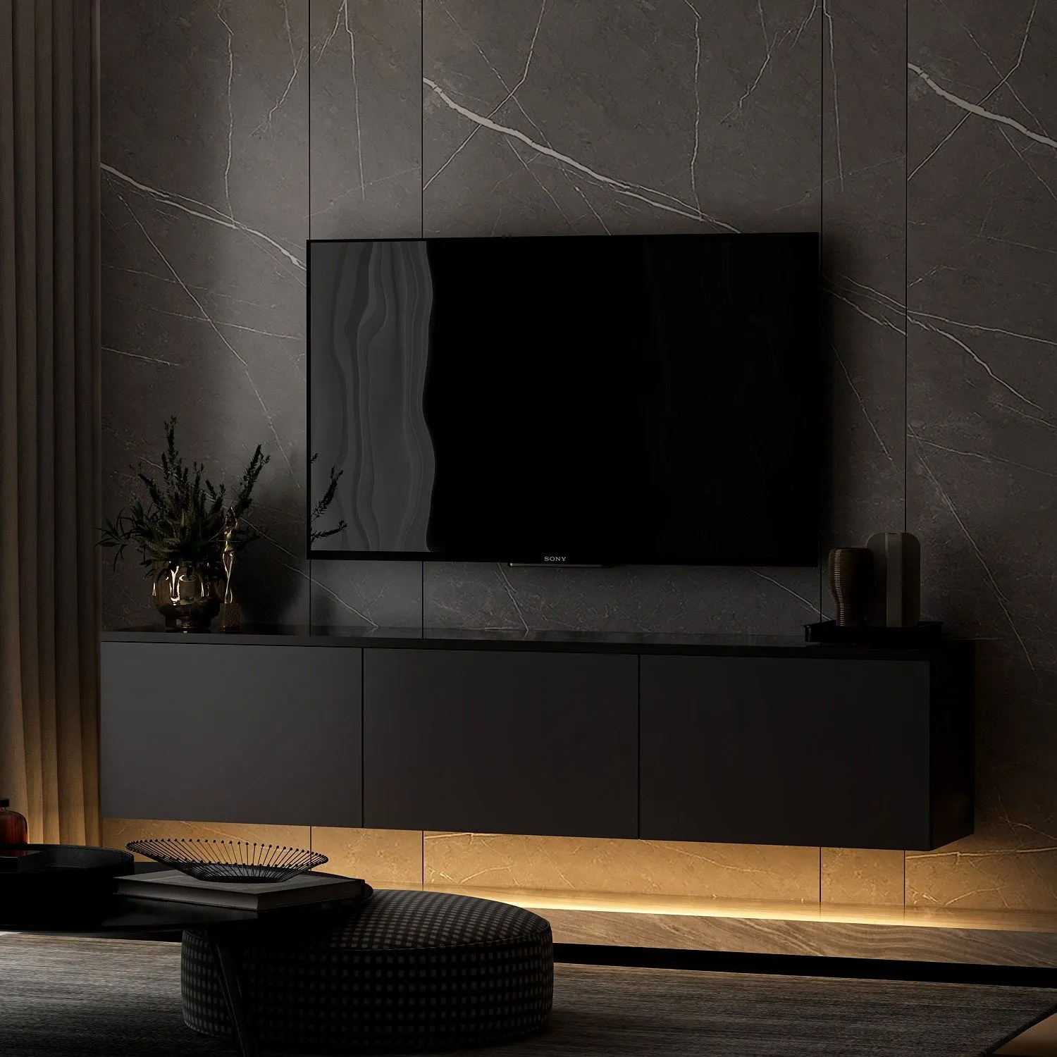Szafka RTV wisząca 3-drzwiowa NEON ILLUMINATED 160 cm antracytowa