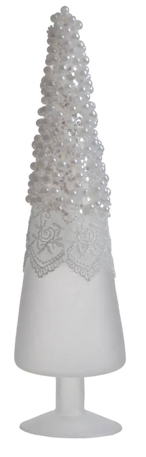 Choinka szklana z perełkami 24 cm biała