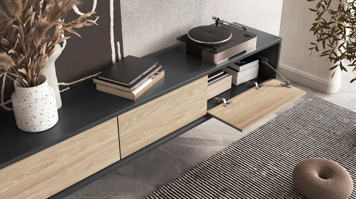 Szafka RTV FRIDA z opcją podwieszenia 3-drzwiowa antracyt dąb olejowany 180x36x32cm - 24JDMT38