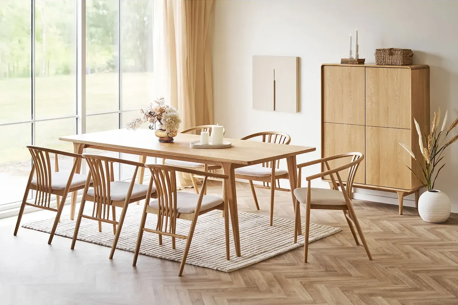 stół jadalniany, drewniany, wnętrze skandynawskie, krzesła drewniane, szafka, stół, drewniany, jadalnia, szafkowy, krzesła