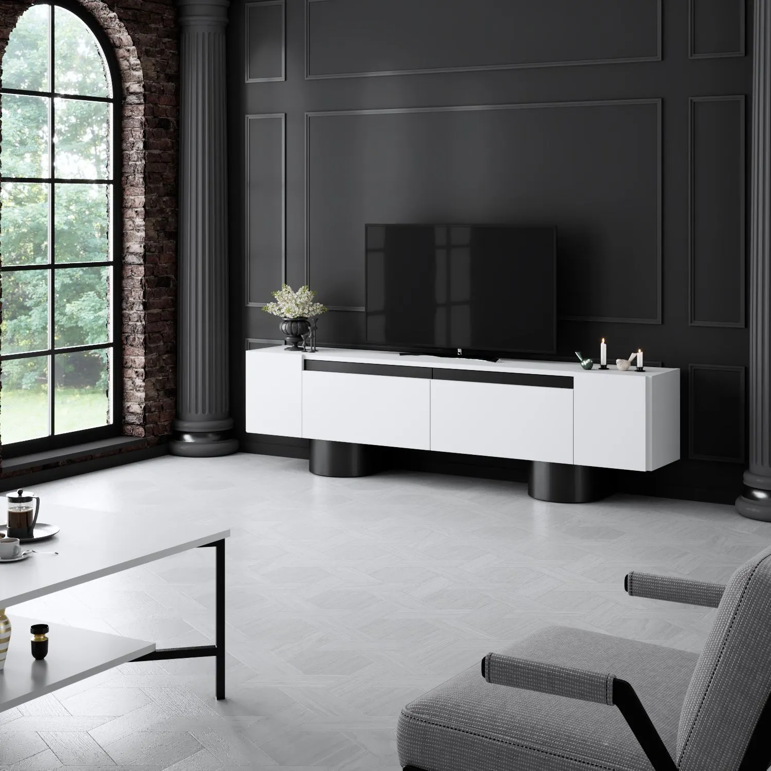 Szafka RTV z 2 klapami na blaszanych nogach BOHEM 180x50x30 cm biały czarny - ASI_618BLY1267