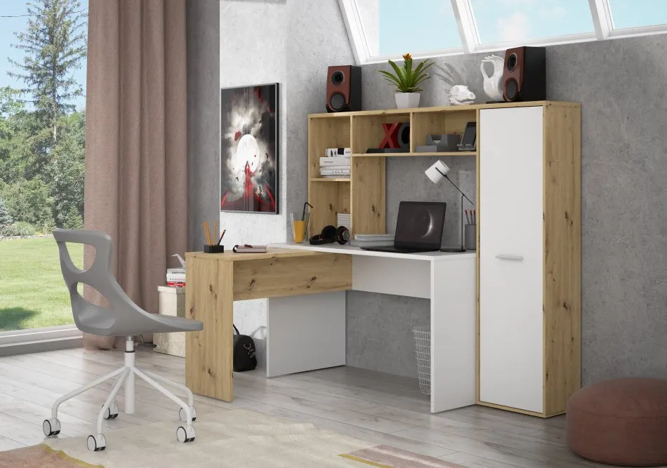 Biurko NET106 narożne z regałem SZ173xW152xG118 cm - dąb artisan, biały - ERBB541-C979