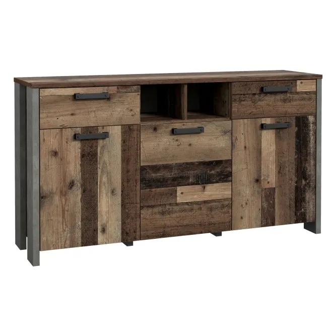 Komoda CLIF 3-drzwiowa z 2 szufladami i wnękami - old wood vintage, beton