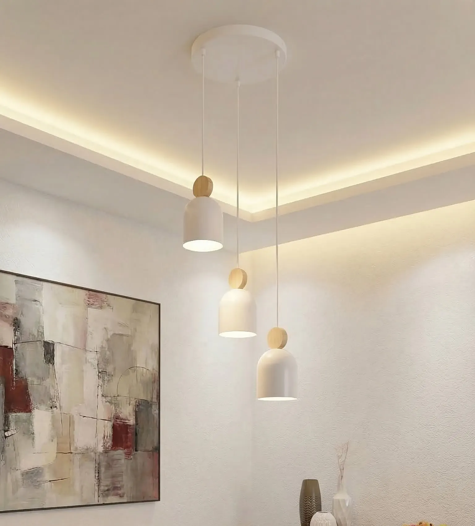 lampa wisząca, pendant lamp, kinkiet sufitowy, metalowy drewnianym akcent, oświetlenie LED