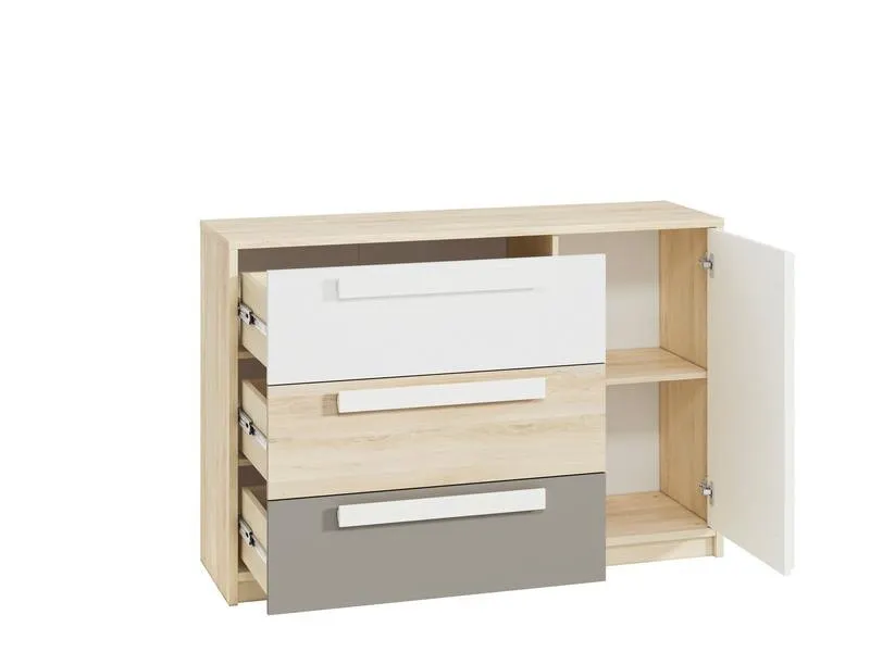 Komoda 1-drzwiowa z 3 szufladami DROP 08 buk fjord, biały, szary - 1DROP0801-001