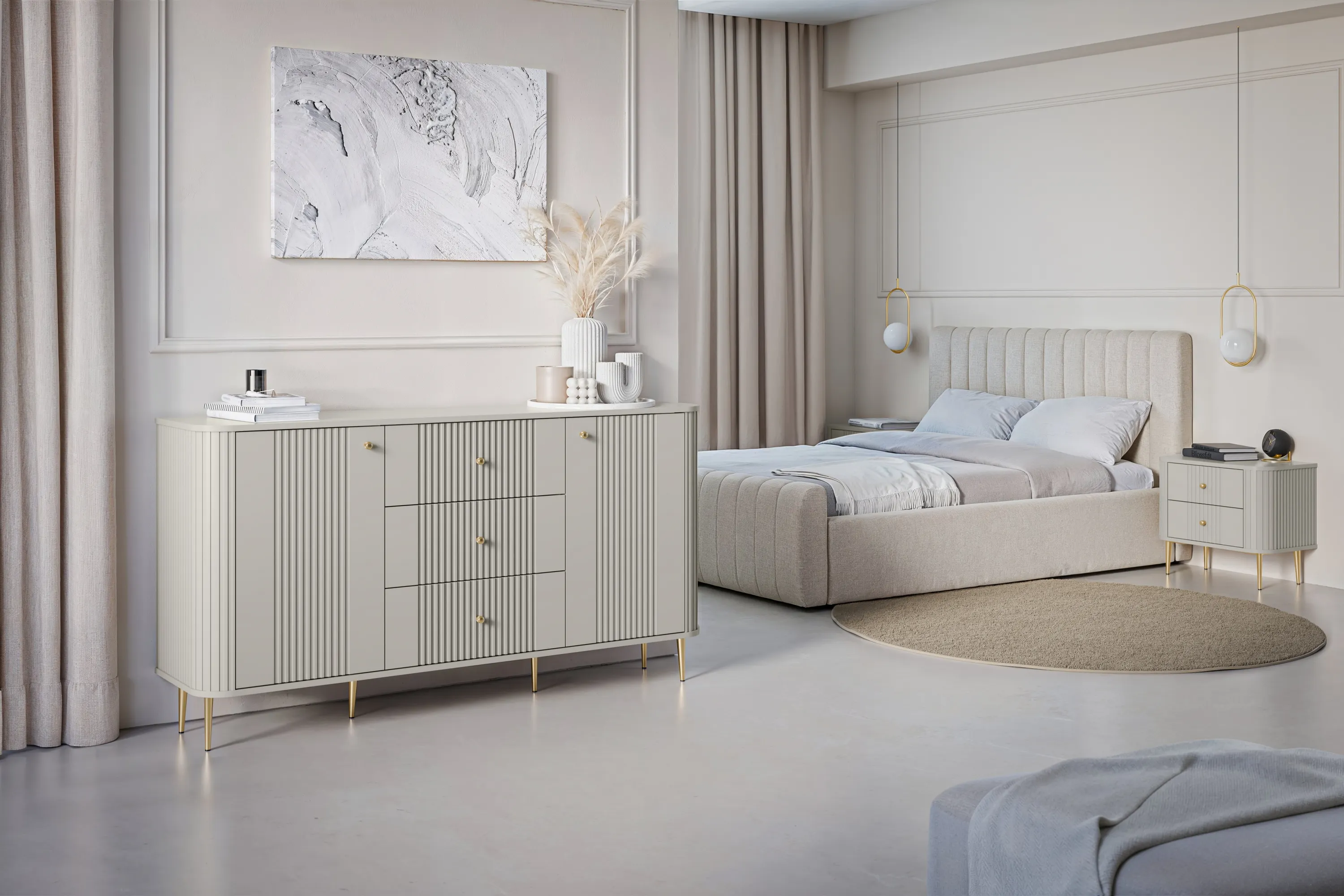 Szafka nocna z 2 szufladami VESPER 56 zestaw 2 sztuk ryflowany front cashmere złote nogi - B_163825