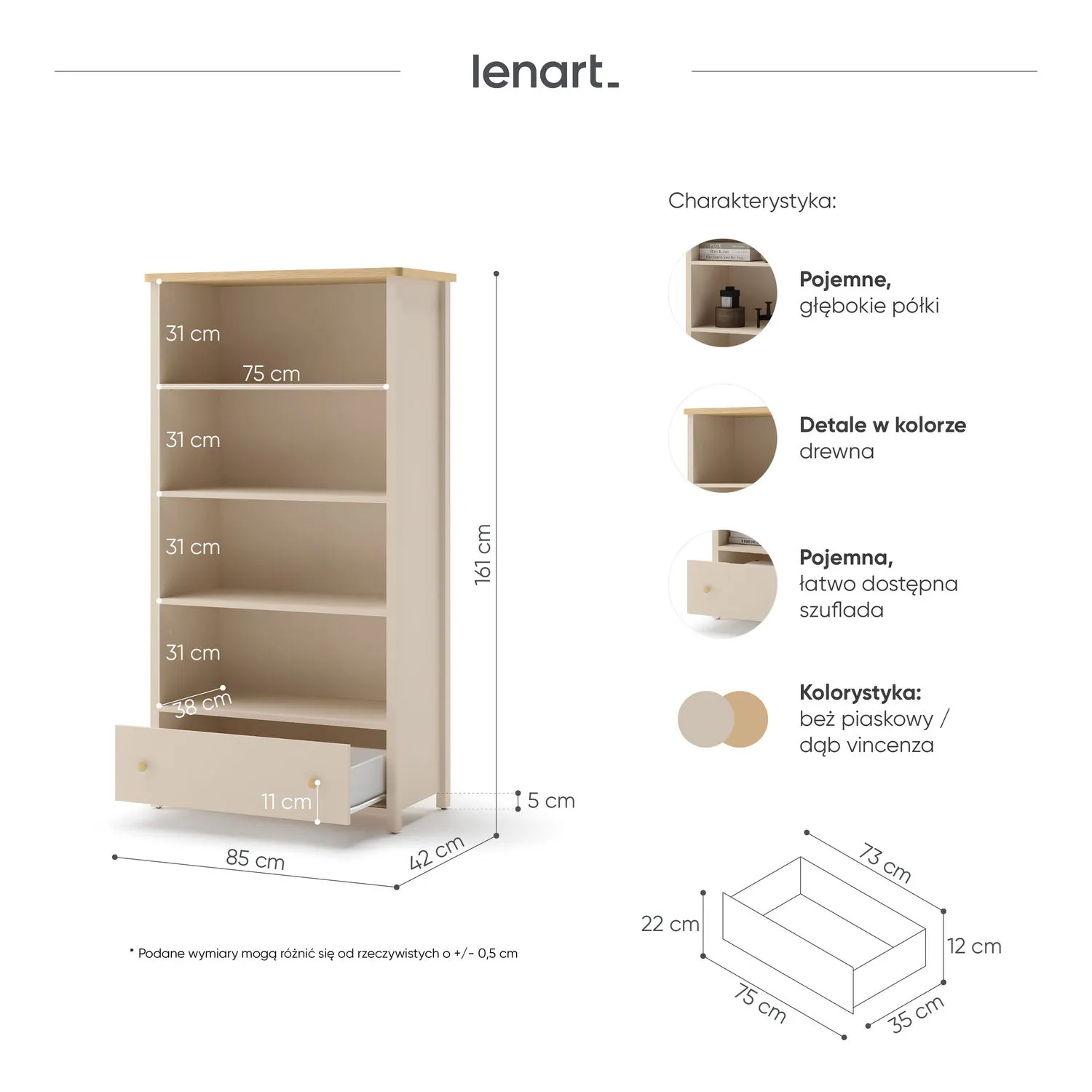 Regał z szufladą STORY 02 beż piaskowy dąb vincenza bielony - SO2BPVB