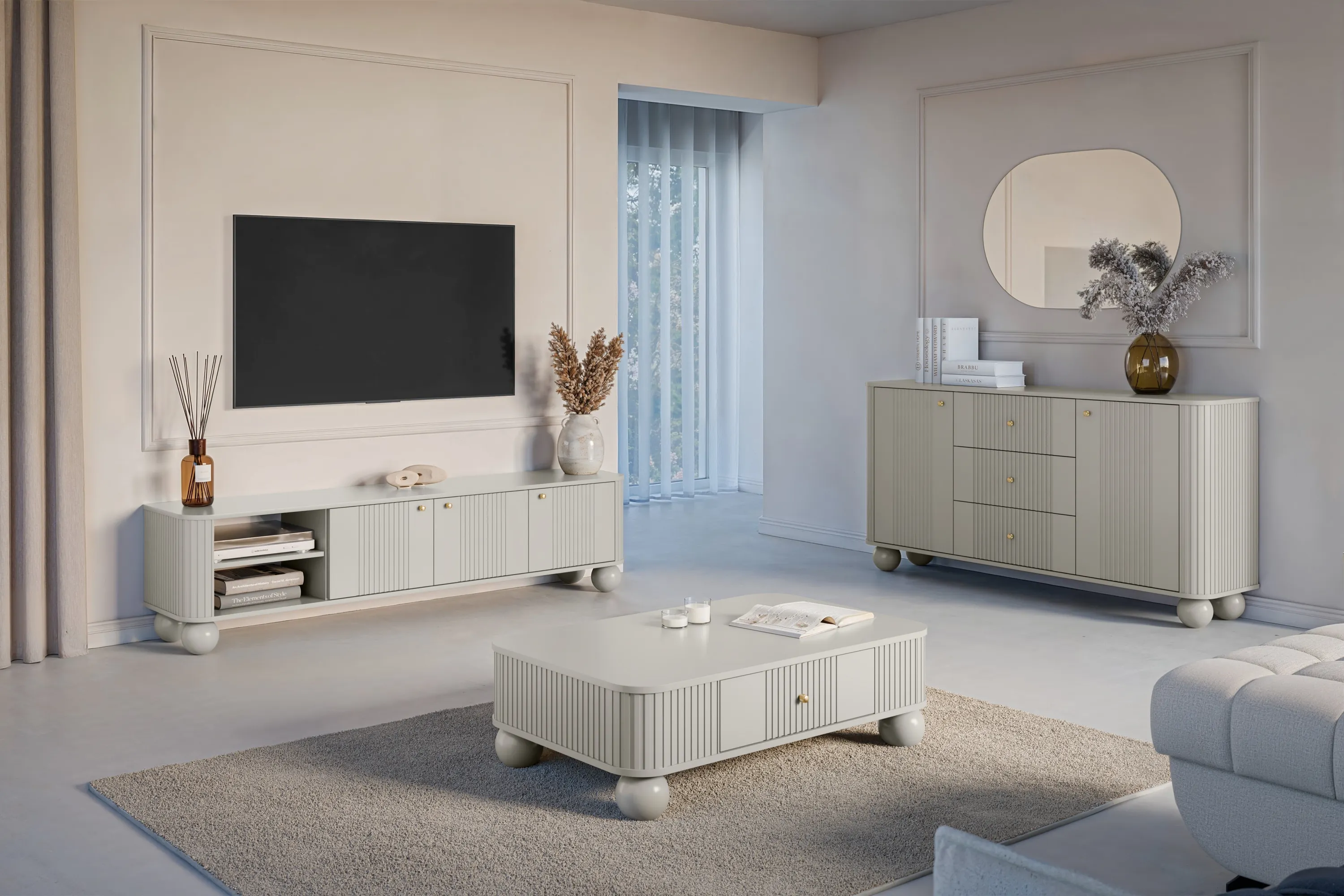 Komoda 2-drzwiowa z 3 szufladami VESPER 160 ryflowany front cashmere złote uchwyty nogi kule - B_163599