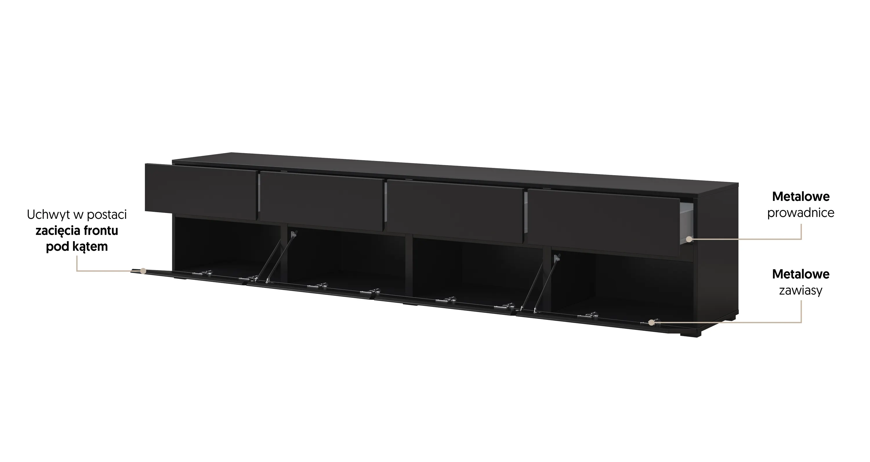 szafka RTV, kredens, czarne, metalowe zawiasy, pudła frontów zasuwanych