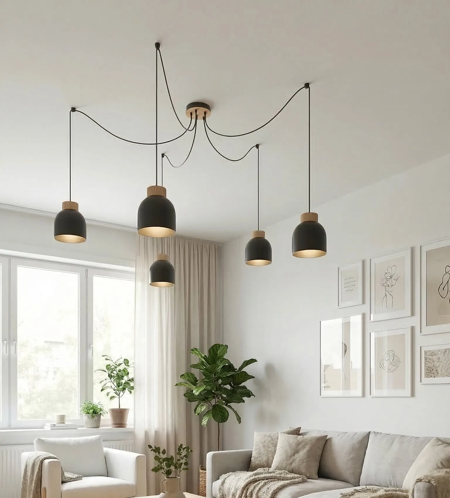 image lampa wisząca, kinkiety, czarne klosze, komplet lamp, wnętrze skandynawskie