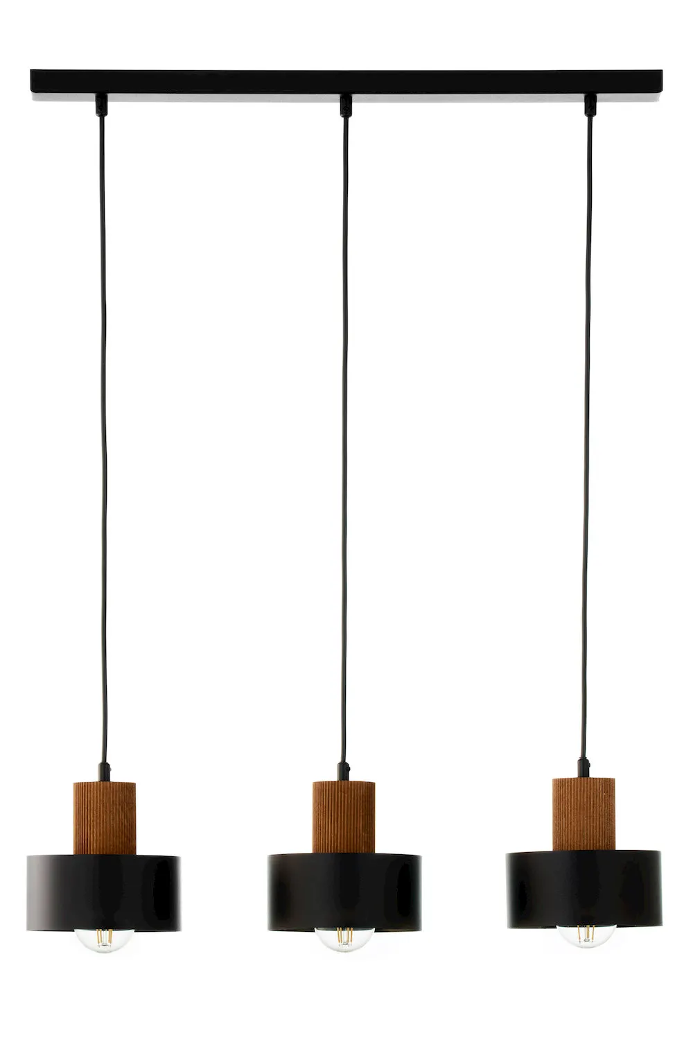 kinkiet, lampa wisząca, trzy lampy, czarna misa, drewniane elementy