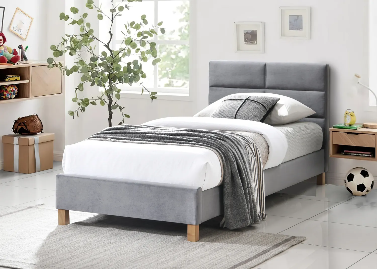 Łóżko z zagłówkiem SIERRA VELVET 90x200 TAP. 150 szary nóżki drewniane