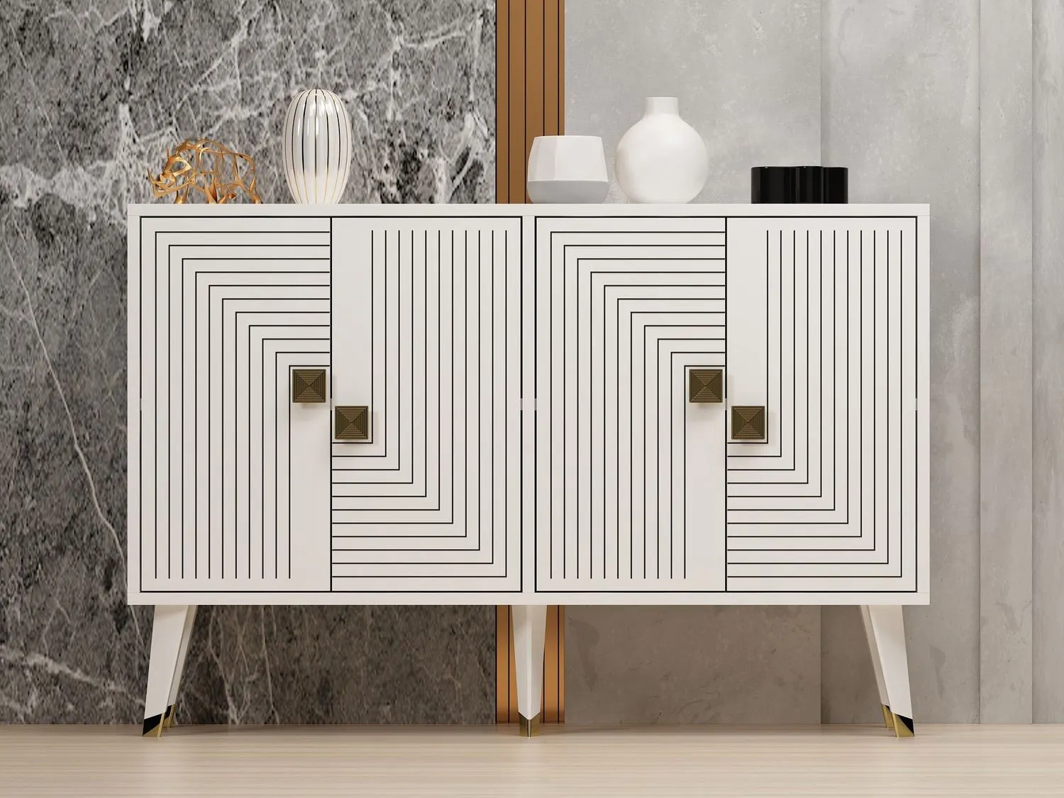 Komoda 4-drzwiowa z geometrycznym zdobieniem AHART 120x30 cm biało-złote nóżki - ASI_327ODS1225