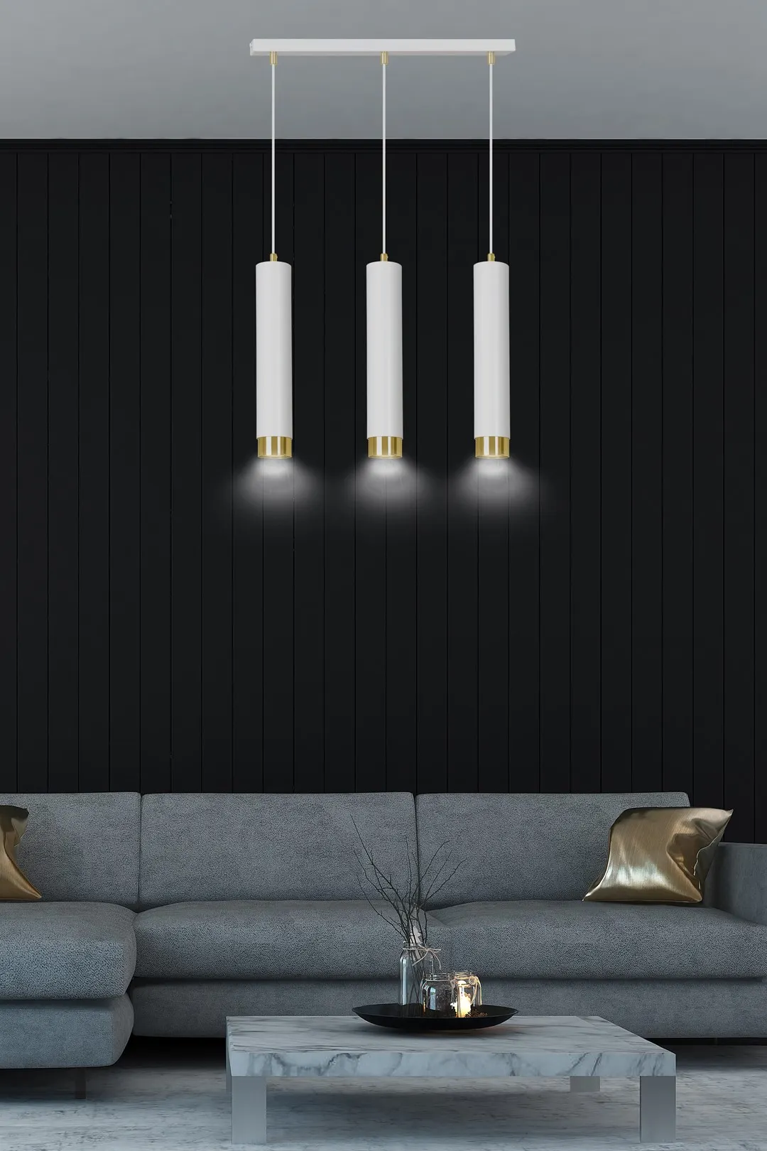 lampa wisząca, pendant, trzy elementy, minimalistyczny design, czarna ściana
