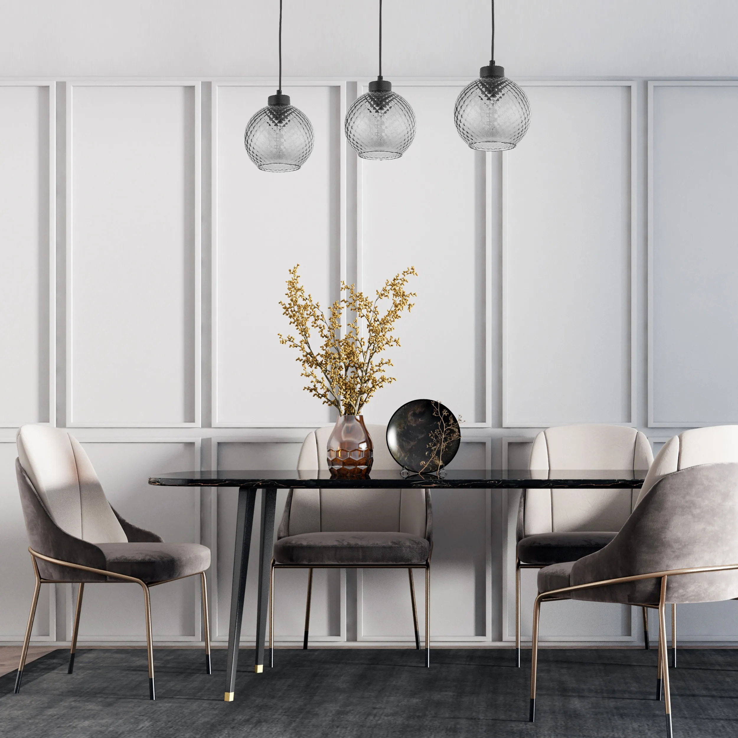 Lampa wisząca DEVON czarna z szarymi okrągłymi kryształowymi kloszami na metalowej listwie 100x82x18cm - TK_4628