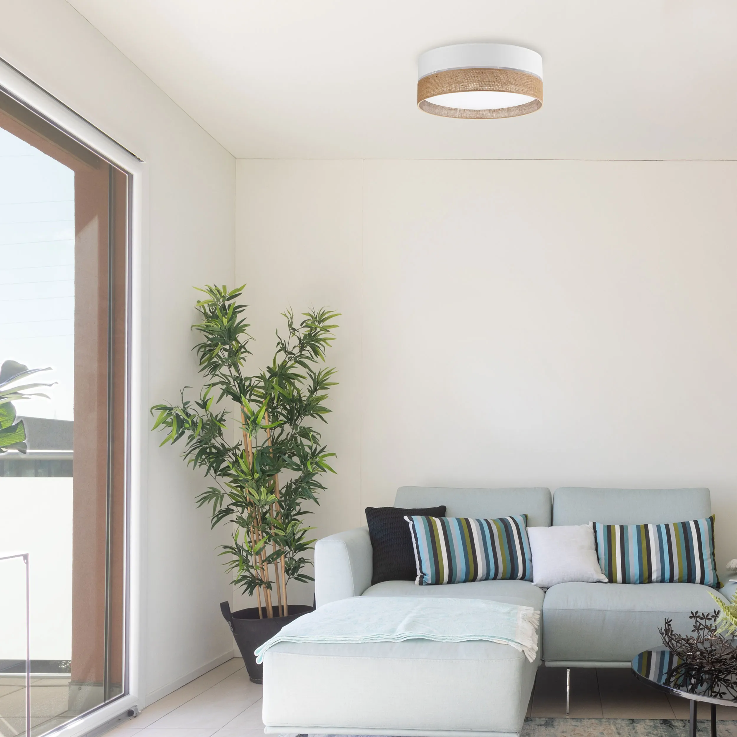 Lampa sufitowa LINOBIANCO biała z brązowym elementem z tkaniny okrągła 45x16cm - TK_6577