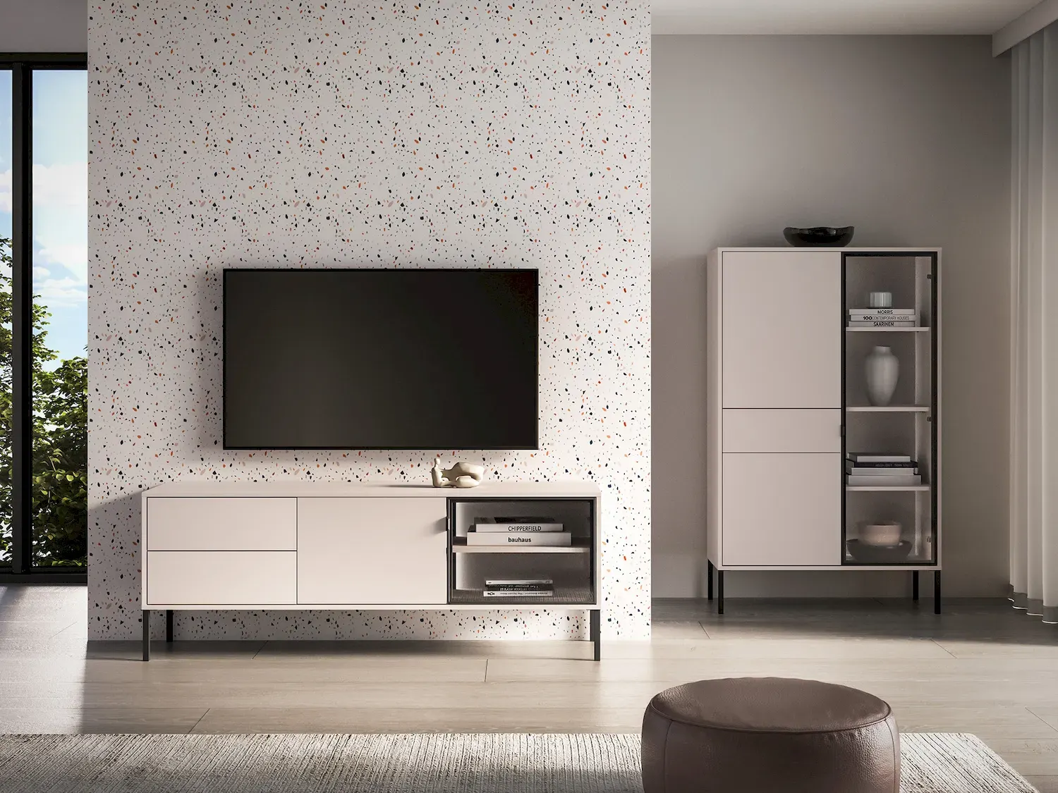 Szafka RTV 2-drzwiowa z 2 szufladami BARNEE 04 oświetlenie LED cashmere — zdjęcie 3