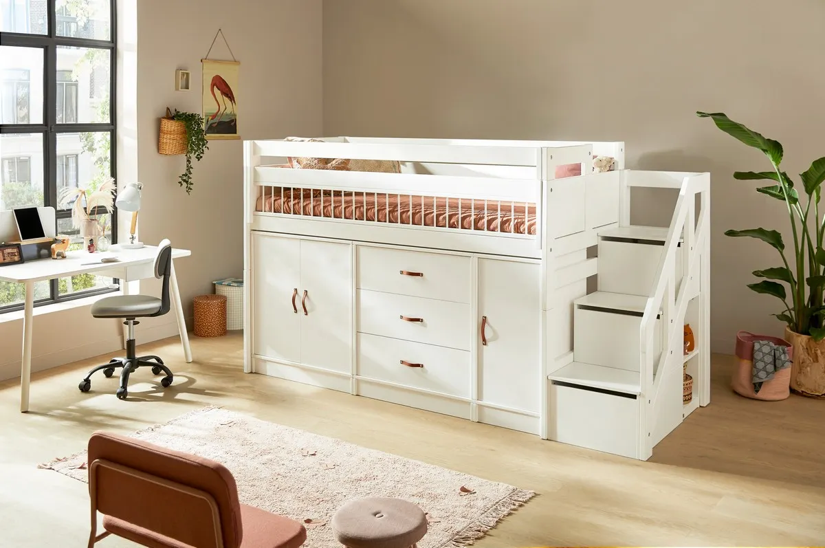 Łóżko dziecięce piętrowe 90x200 KOMBI drewniane z szufladami i szafkami - KOMBI1207