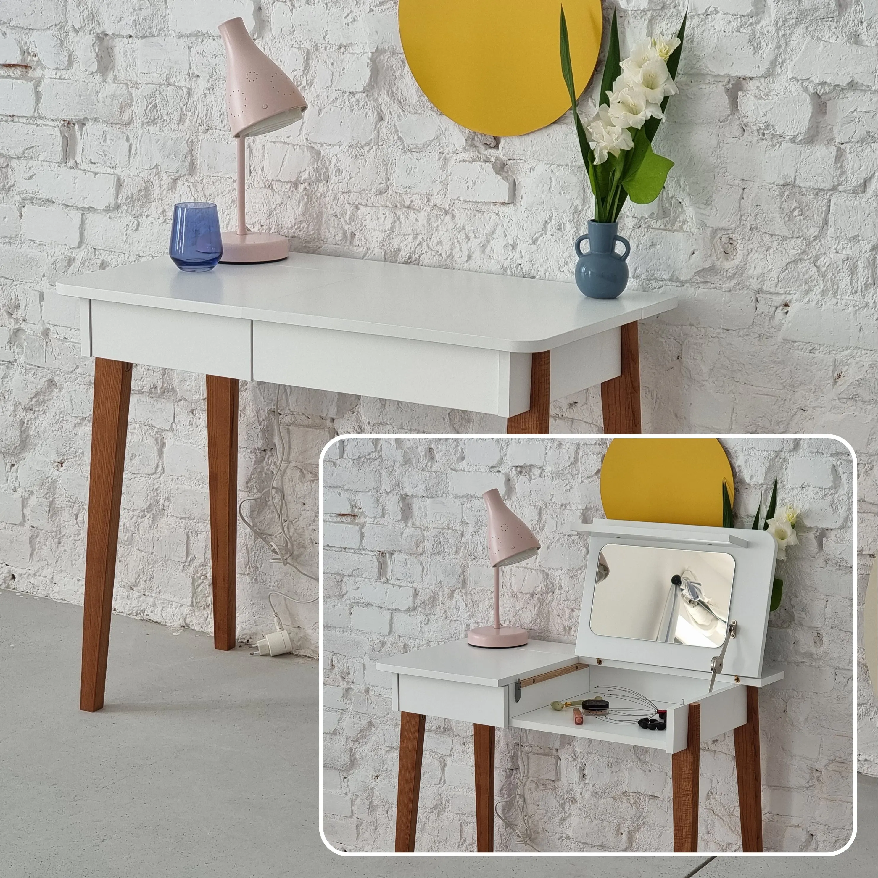 Toaletka z lustrem MEWISE 90x48cm biała kolor nóg dąb — zdjęcie 8