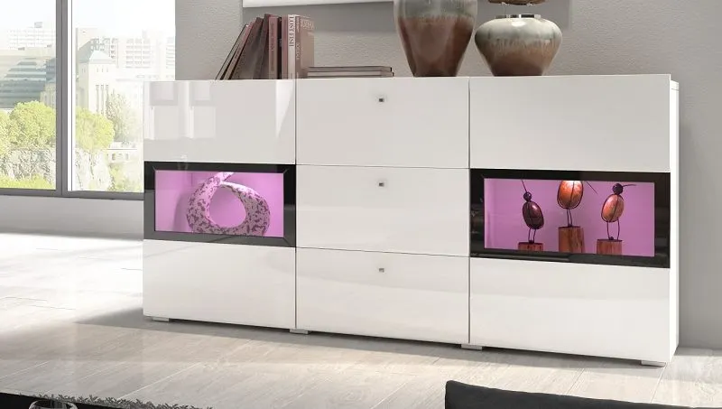 Komoda z witryną 2-drzwiowa z szufladami BAROS biało-czarna Meble, Kredens, Szafka, Puchar