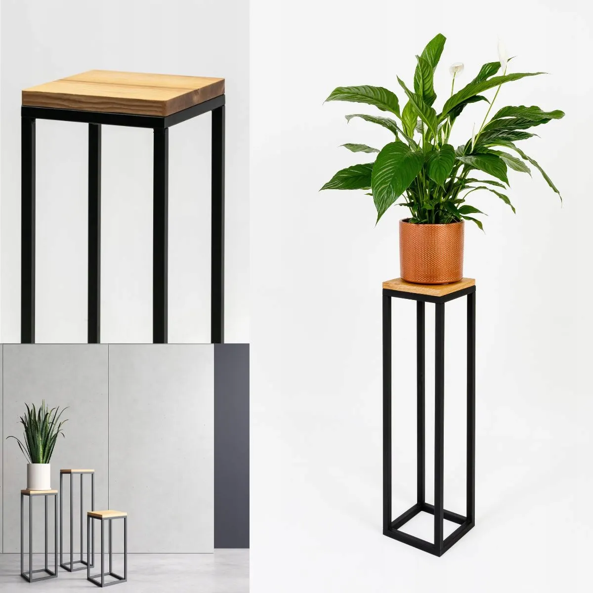 Kwietnik stojący LAVAL M metal drewno czarny naturalny - LD_TZ000044