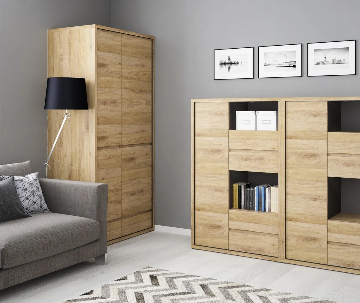 Regał 1-drzwiowy z 4 szufladami SHETLAND TYP 31 Dąb Shetland, Szary - 6003005000886